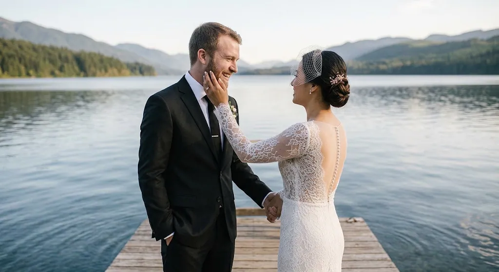 Pareja de recién casados compartiendo un momento junto a un lago